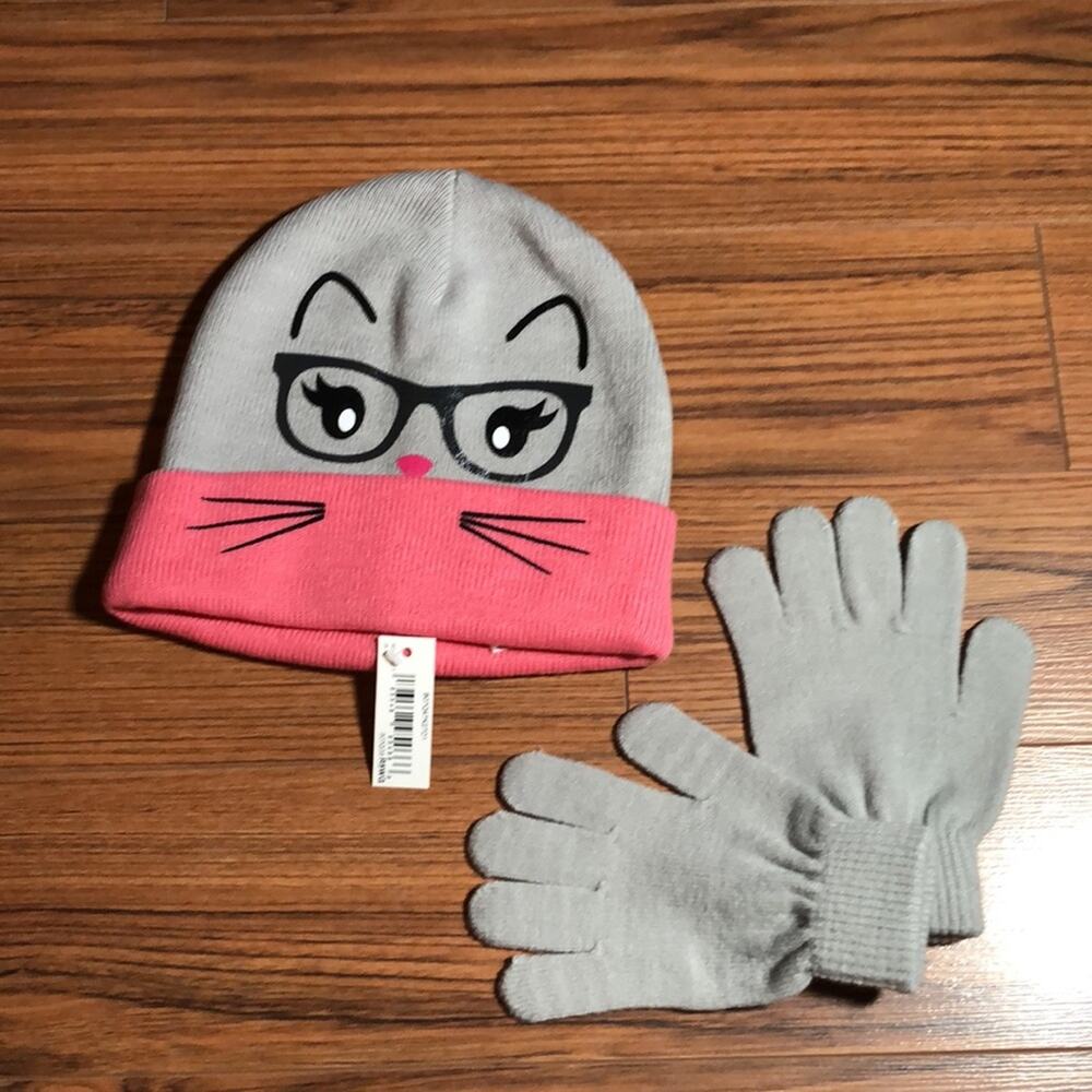 NWT Spotted Zebra Kids Cat Face Beanie with Gloves Gray Pink